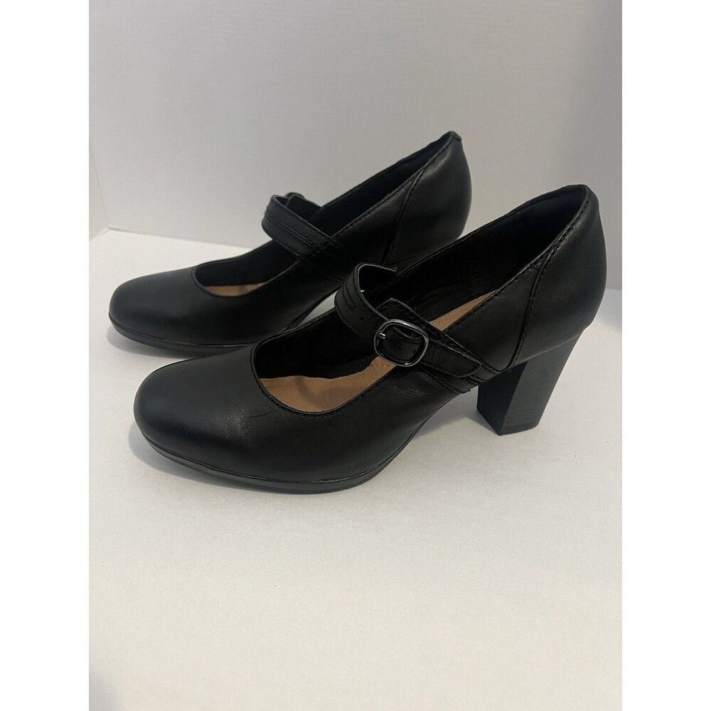 Clarks Collection Leather Mary Jane Pumps 2.5" Block Heel Size 9.5M Black Comfor